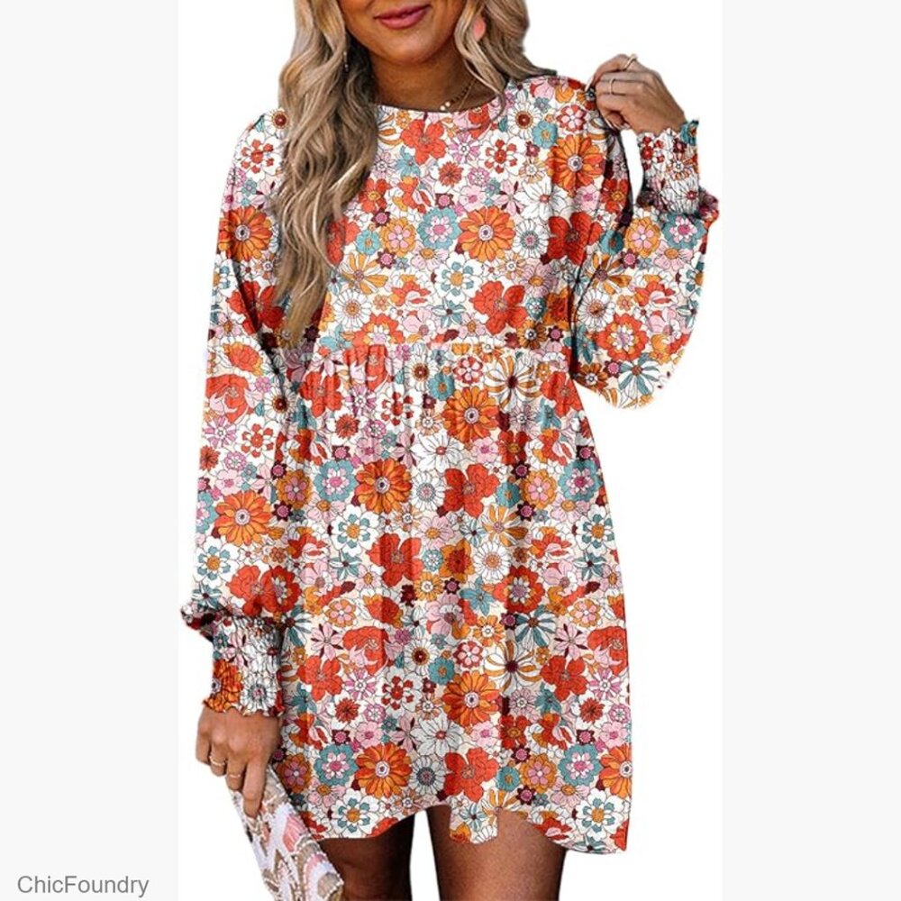 Flowy Boho Floral Long Sleeve Empire Waist Babydoll Mini Dress